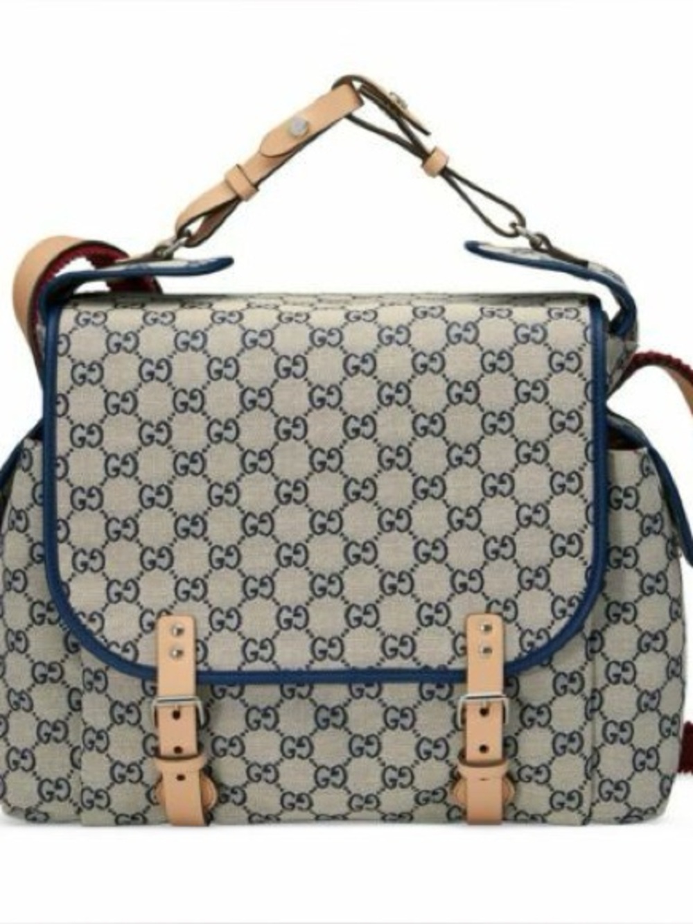Gucci Beige GG Canvas Satchel Diaper Bag with Blue Trim and Tan Straps